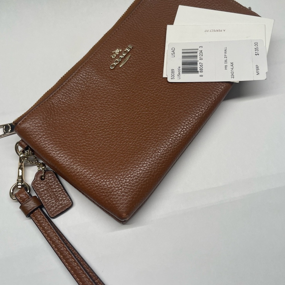Coach Double Zip Wallet Wristlet – Chestnut Brown Pebbled Leather w/ Tags - Picture 14 of 15
